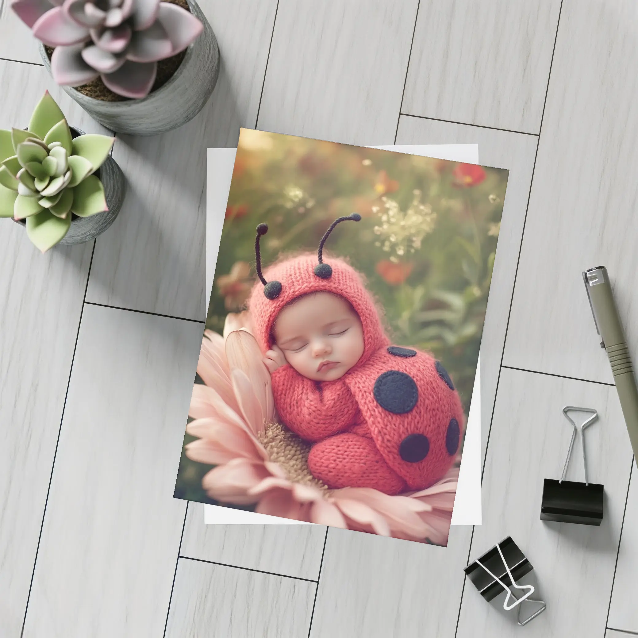Sleeping Baby Ladybug Costume Flower Garden – Postcards