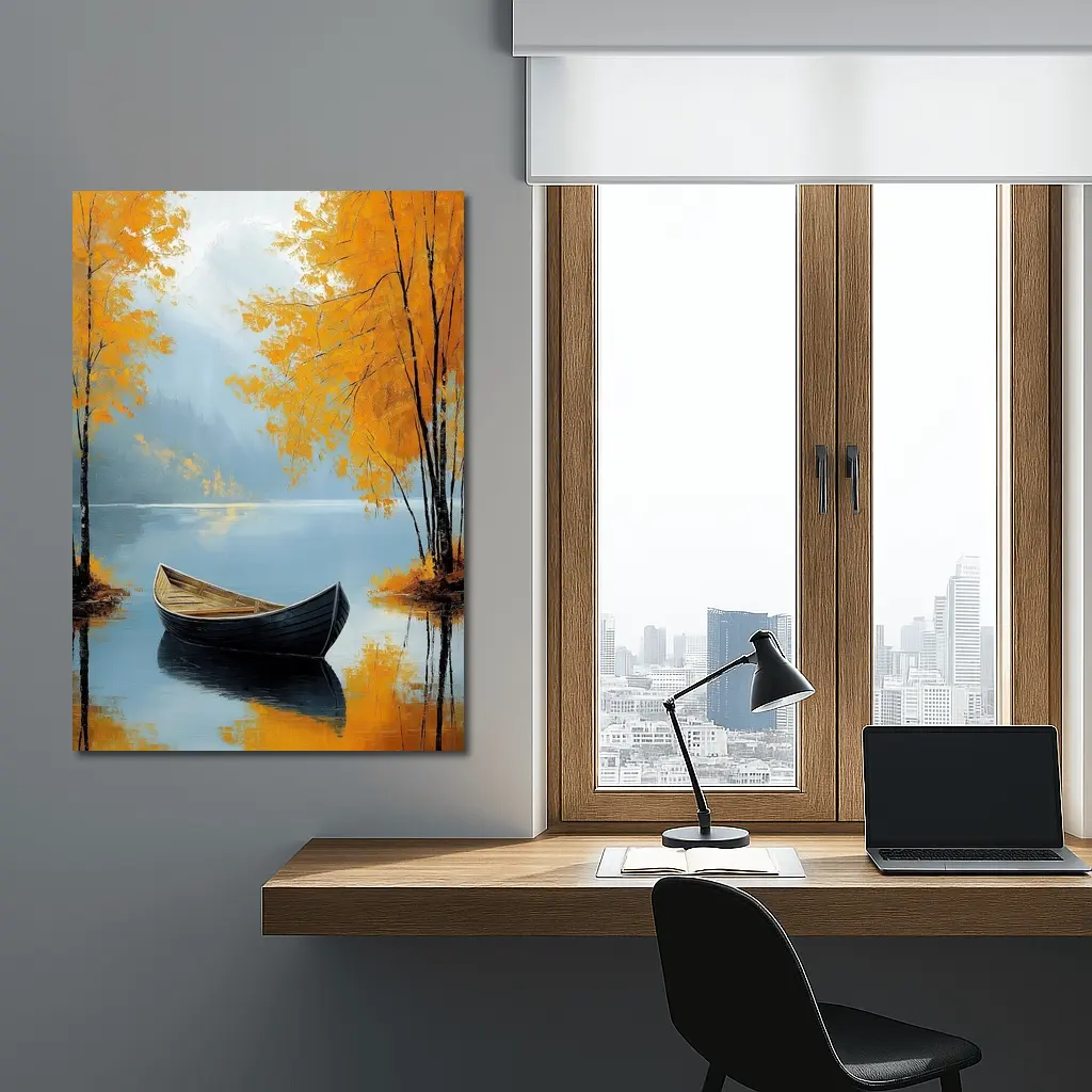 Autumn Lake Rowboat Oil Painting Art – Wall Art