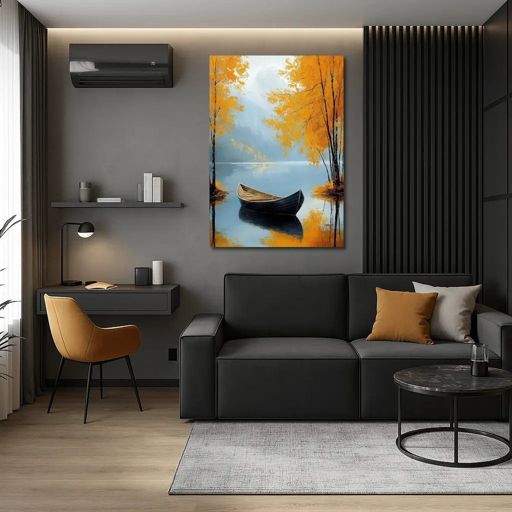 Autumn Lake Rowboat Oil Painting Art – Wall Art