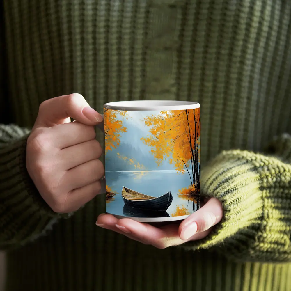 Autumn Lake Rowboat Oil Painting Art – Mugs