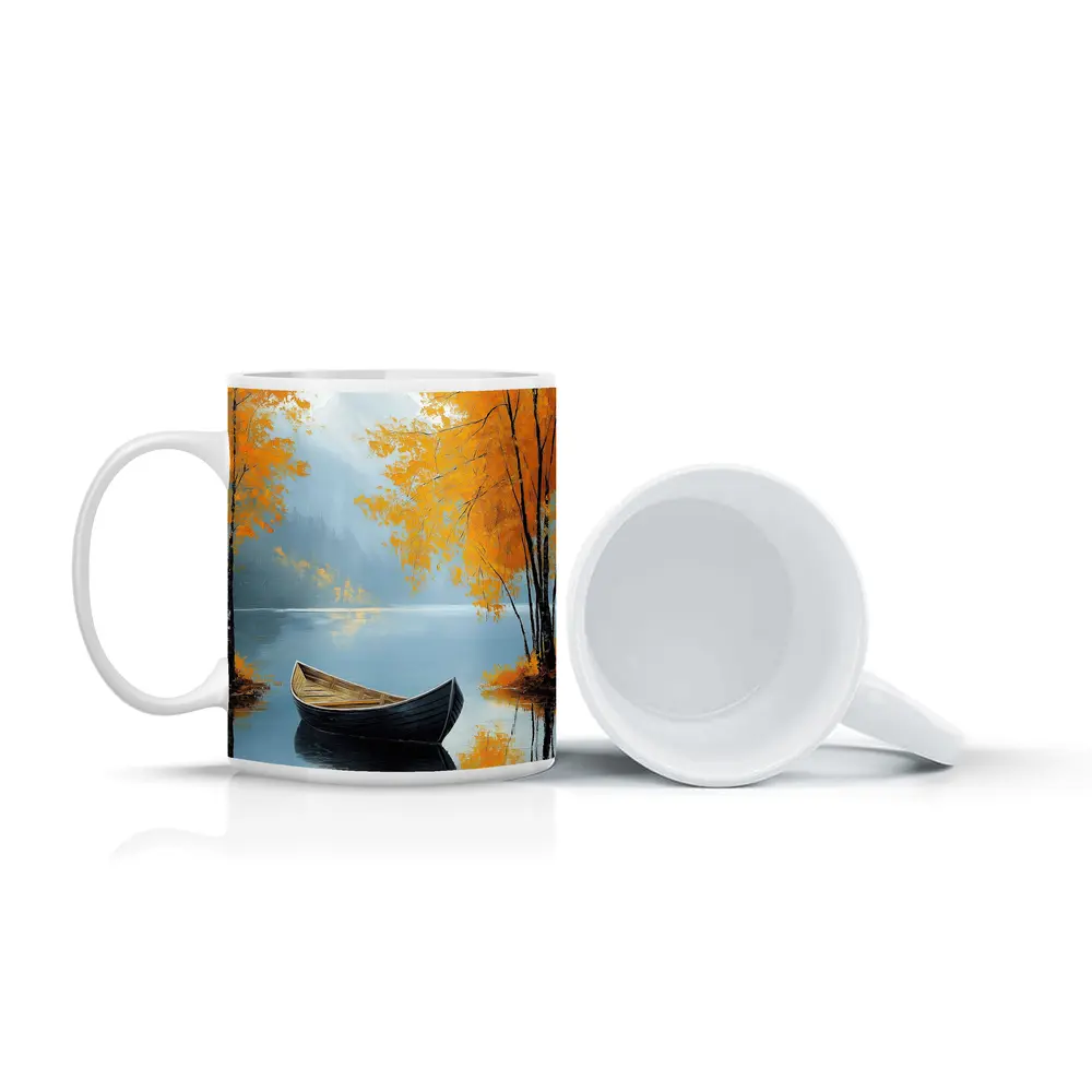 Autumn Lake Rowboat Oil Painting Art – Mugs