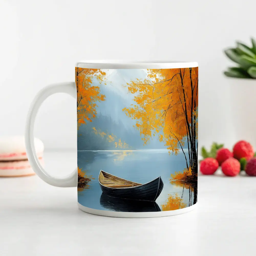 Autumn Lake Rowboat Oil Painting Art – Mugs