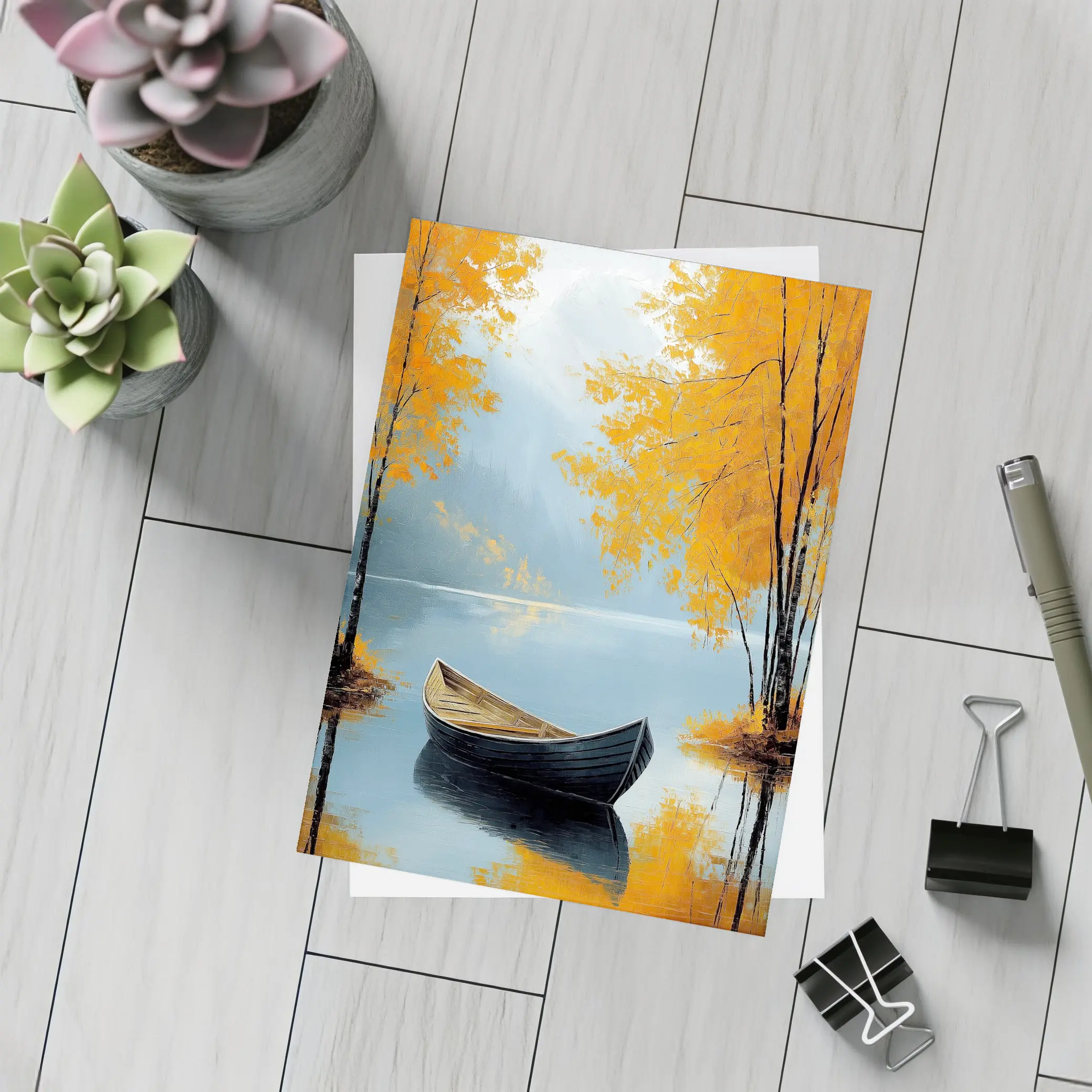 Autumn Lake Rowboat Oil Painting Art – Postcards