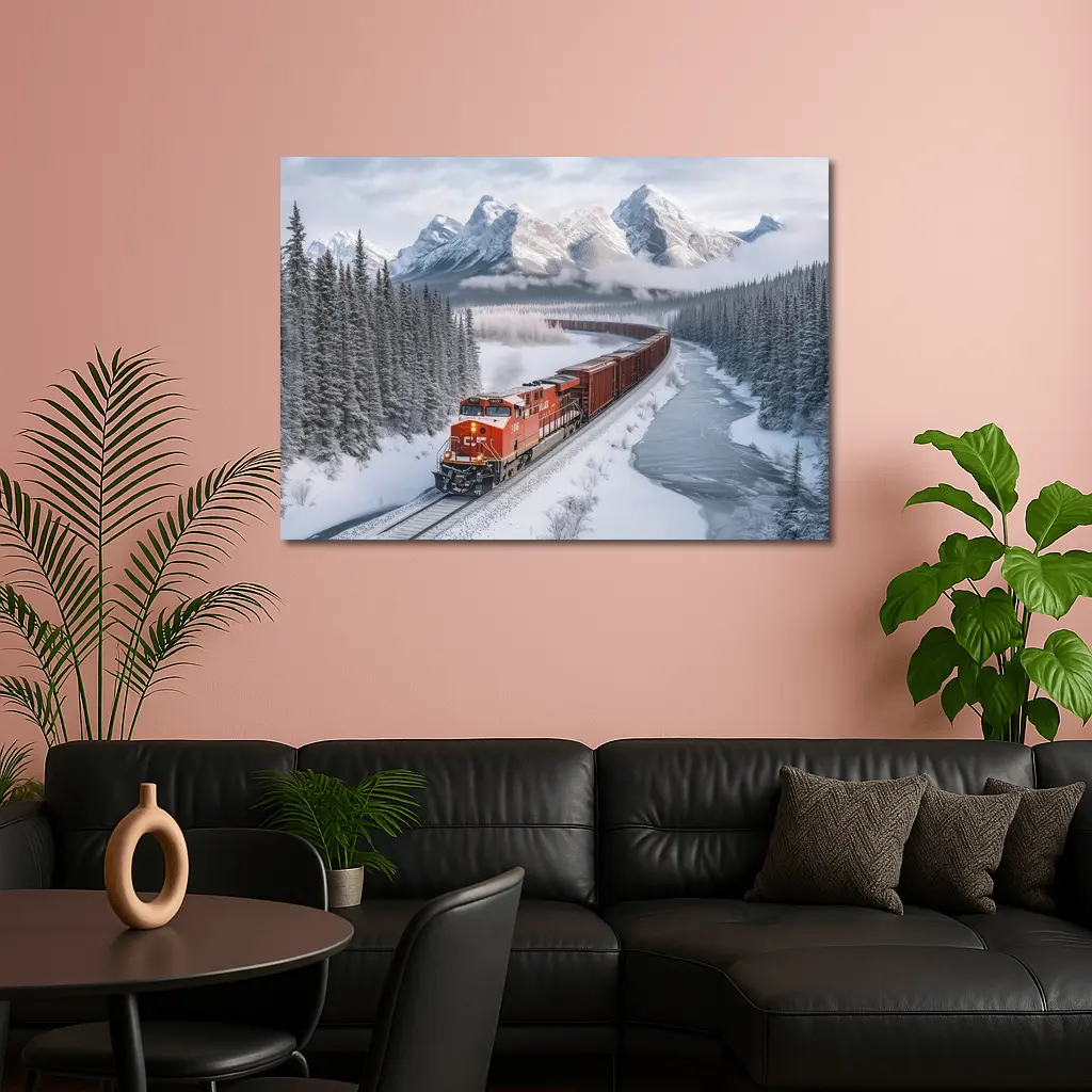 Red Freight Train Winter Mountain Forest – Wall Art