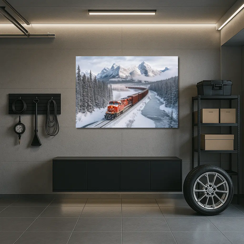 Red Freight Train Winter Mountain Forest – Wall Art