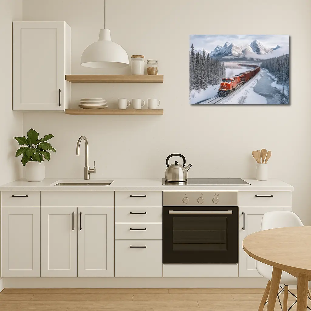 Red Freight Train Winter Mountain Forest – Wall Art