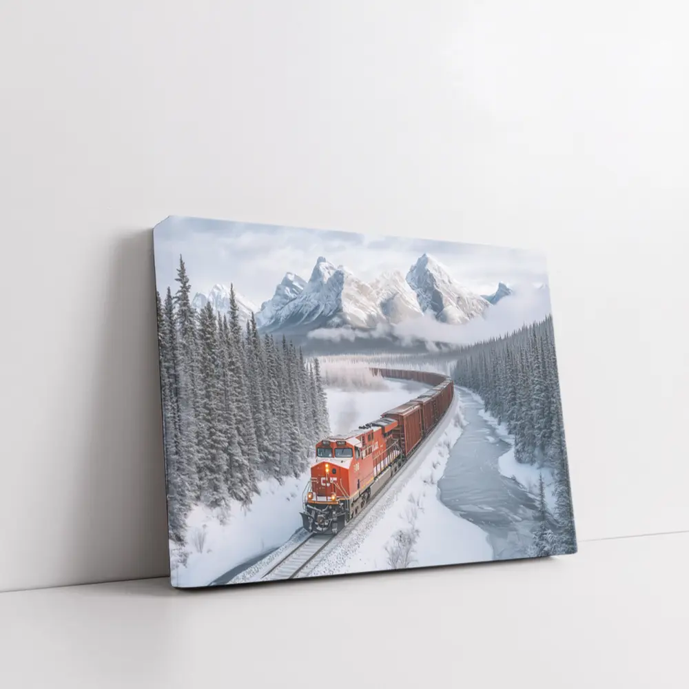 Red Freight Train Winter Mountain Forest – Wall Art