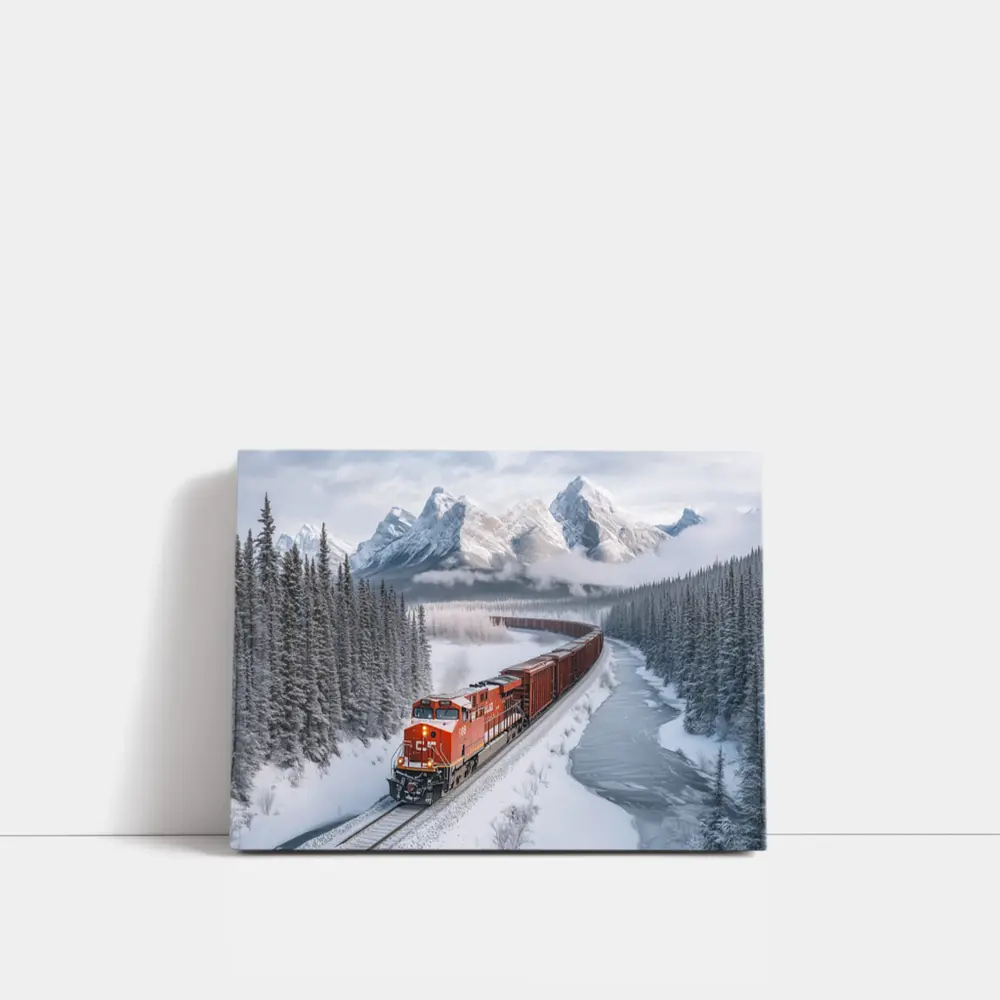 Red Freight Train Winter Mountain Forest – Wall Art