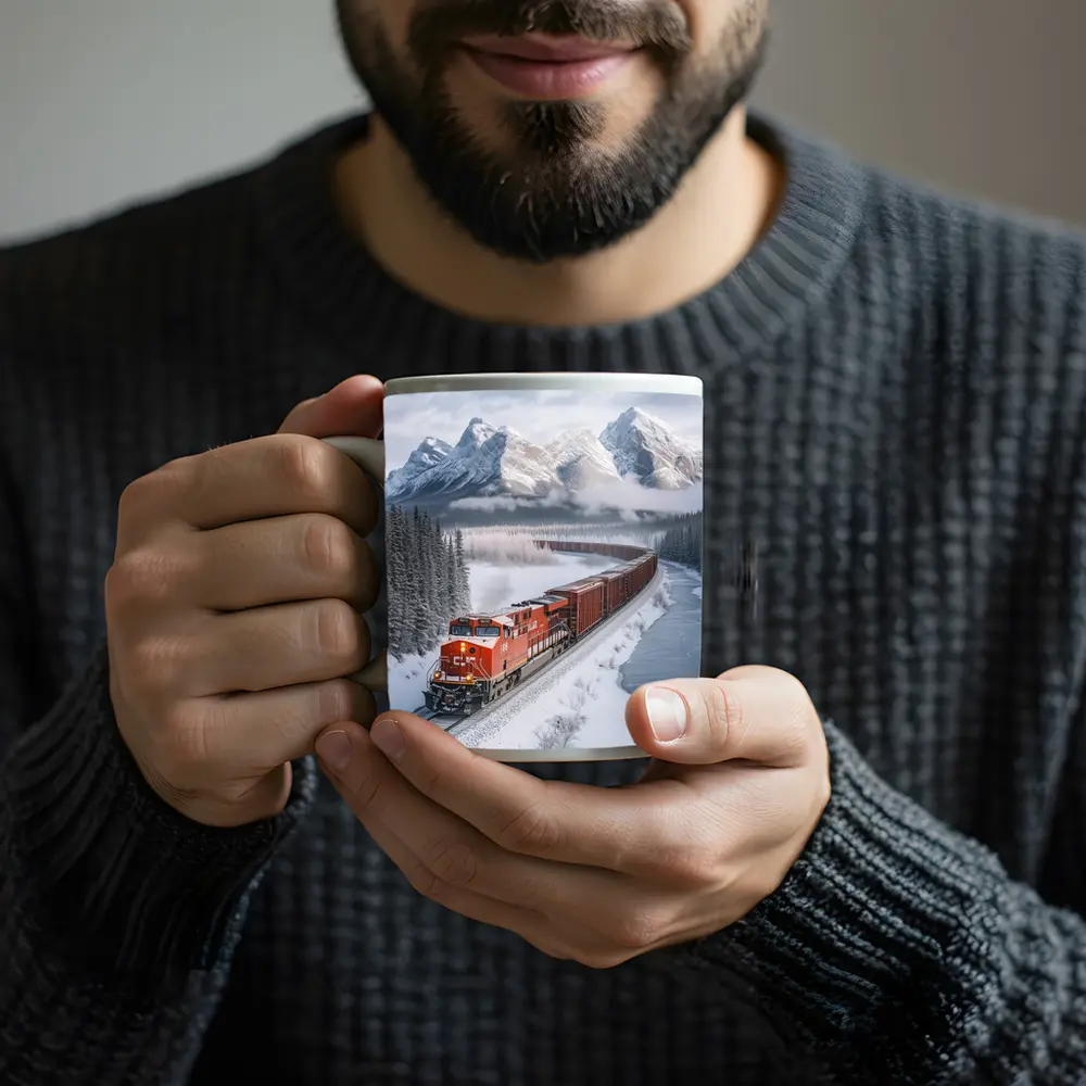 Red Freight Train Winter Mountain Forest – Mugs