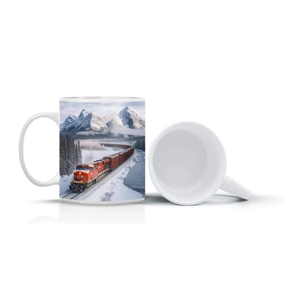 Red Freight Train Winter Mountain Forest – Mugs