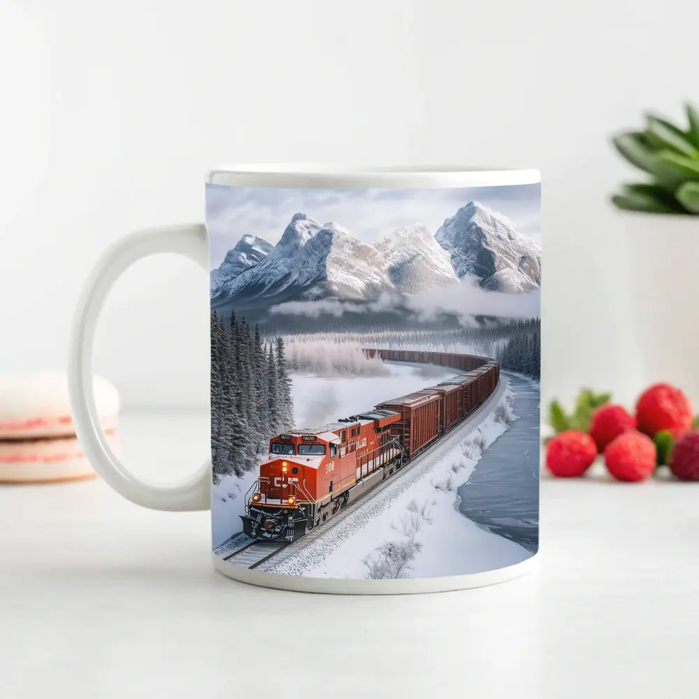 Red Freight Train Winter Mountain Forest – Mugs