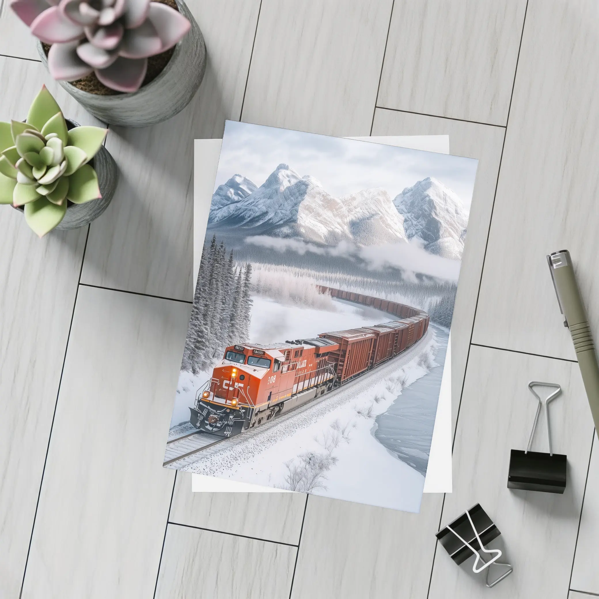 Red Freight Train Winter Mountain Forest – Postcards