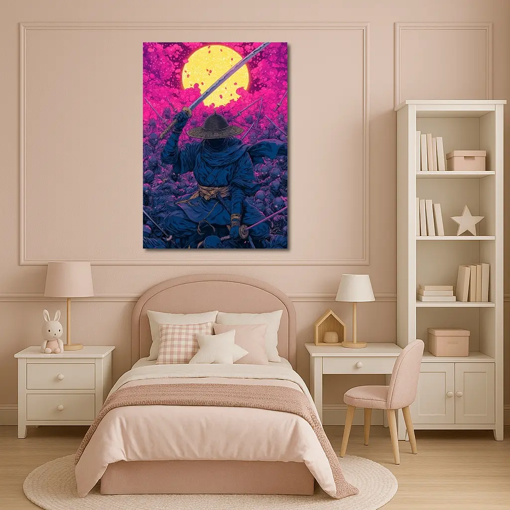 Samurai Warrior Rising Against Pink Moon – Wall Art
