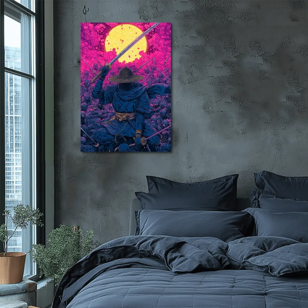 Samurai Warrior Rising Against Pink Moon – Wall Art