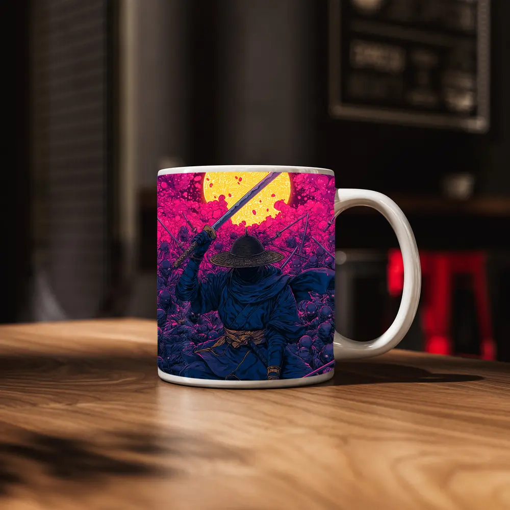 Samurai Warrior Rising Against Pink Moon – Mugs