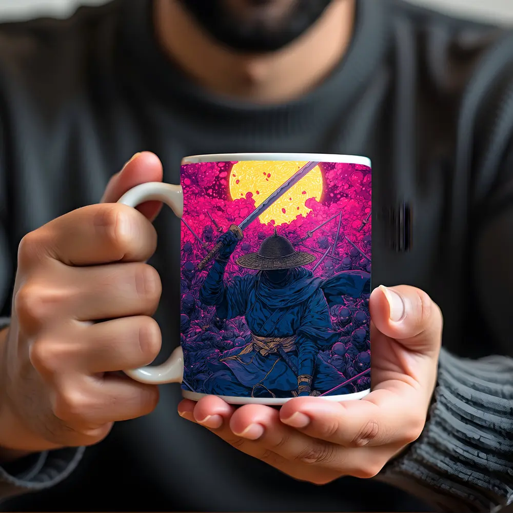 Samurai Warrior Rising Against Pink Moon – Mugs