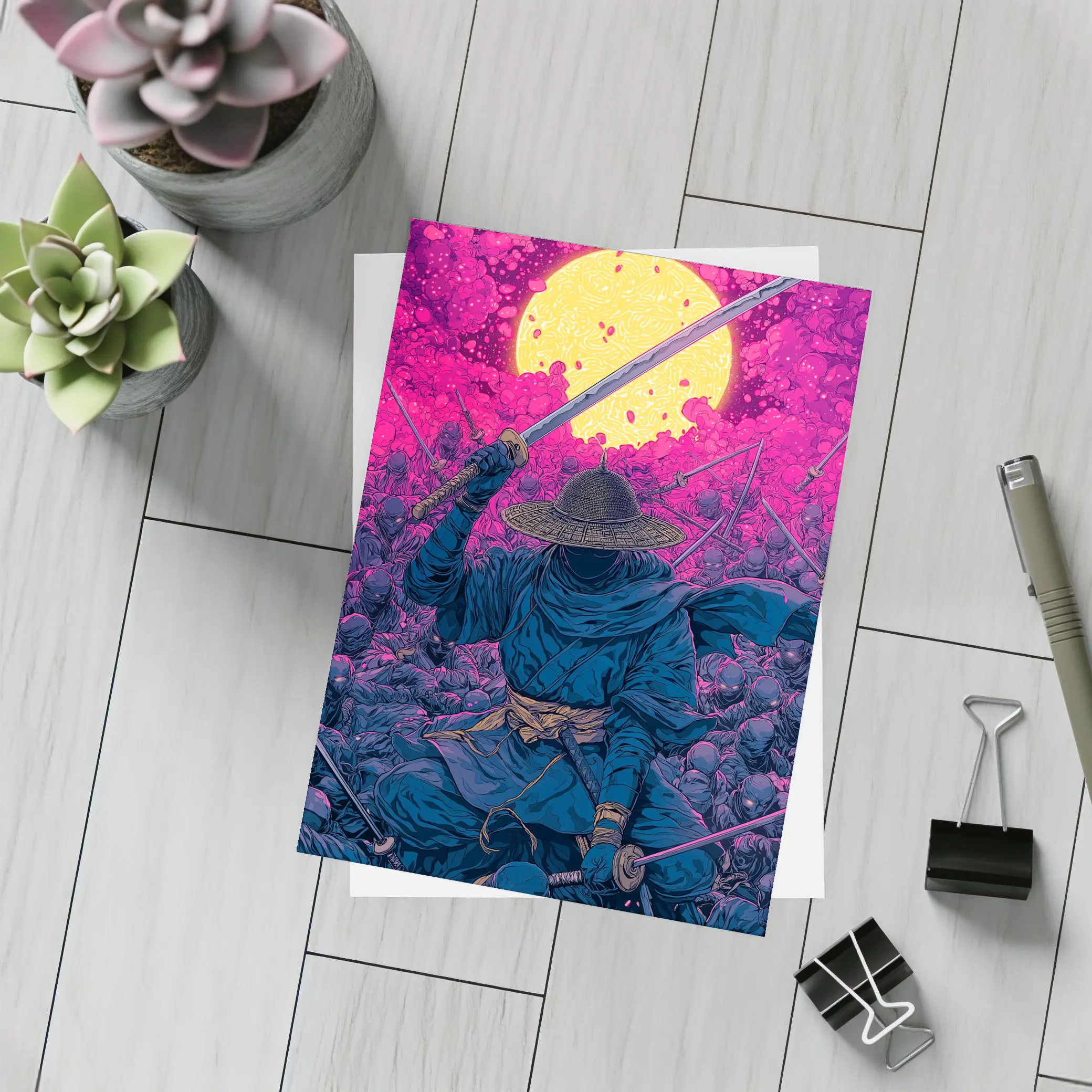 Samurai Warrior Rising Against Pink Moon – Postcards