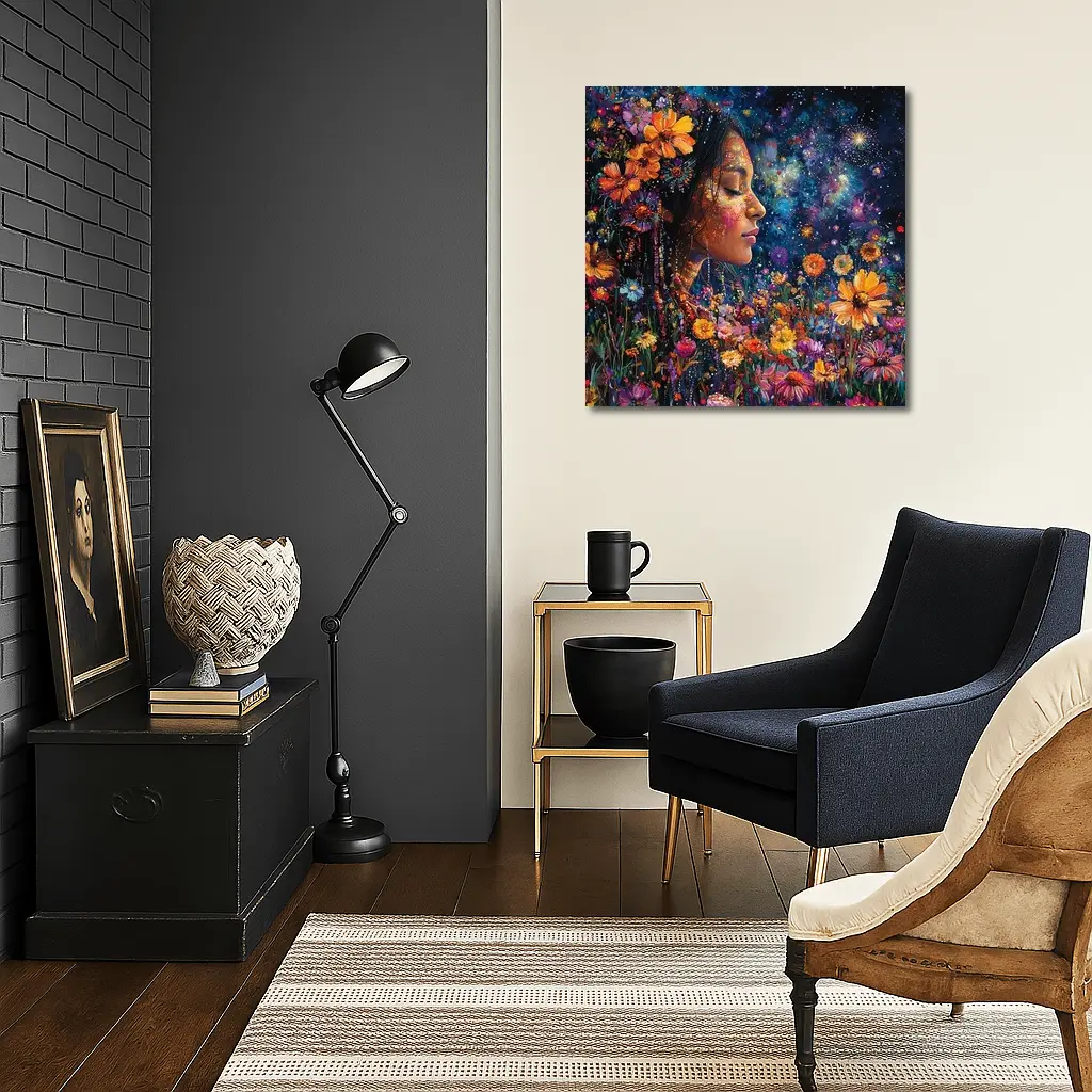 Woman Profile Wildflowers Cosmic Night Sky Art – Wall Art