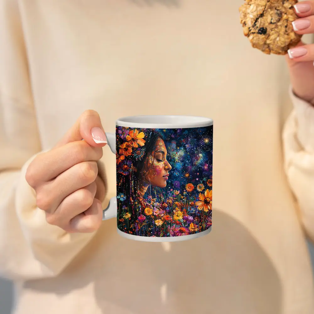 Woman Profile Wildflowers Cosmic Night Sky Art – Mugs