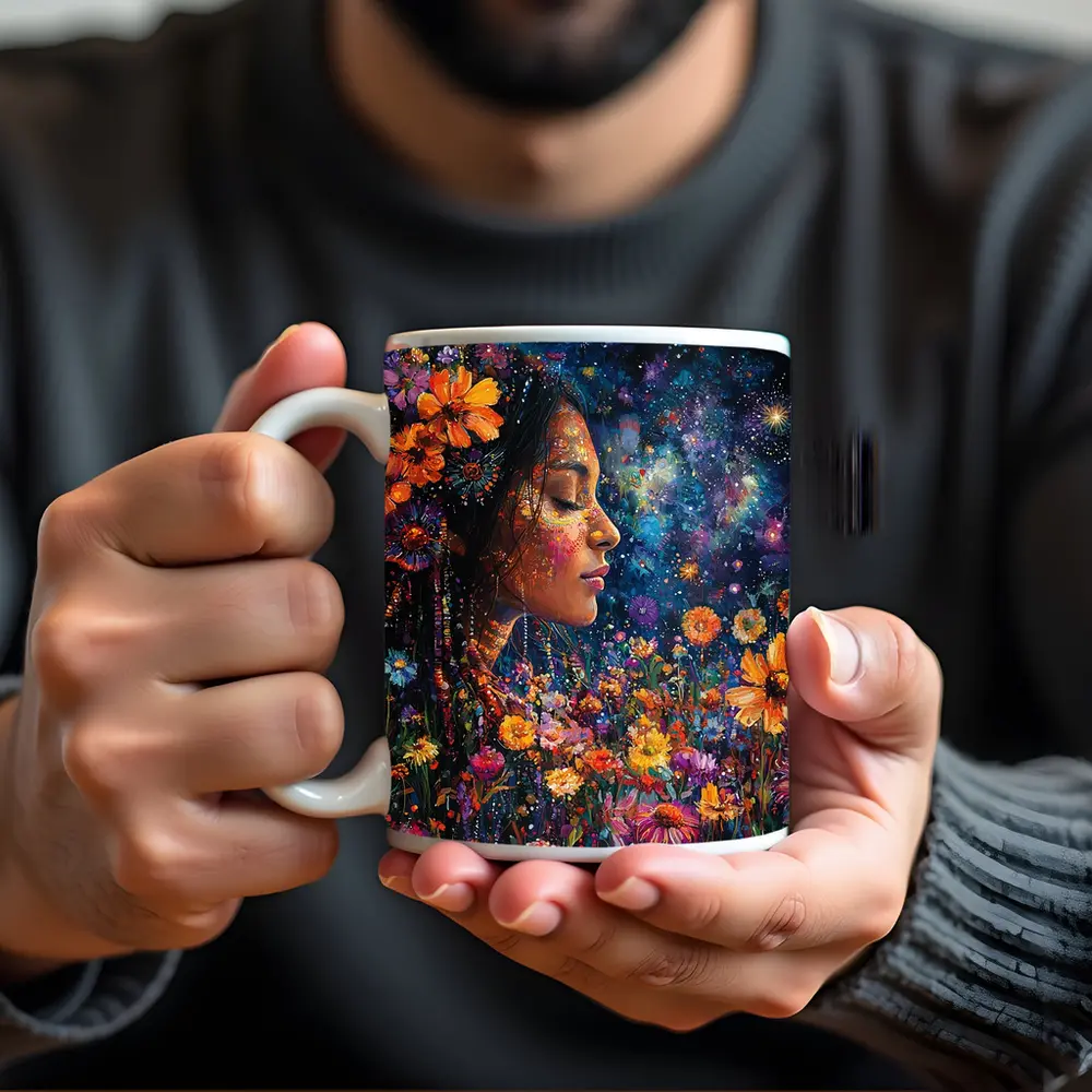 Woman Profile Wildflowers Cosmic Night Sky Art – Mugs