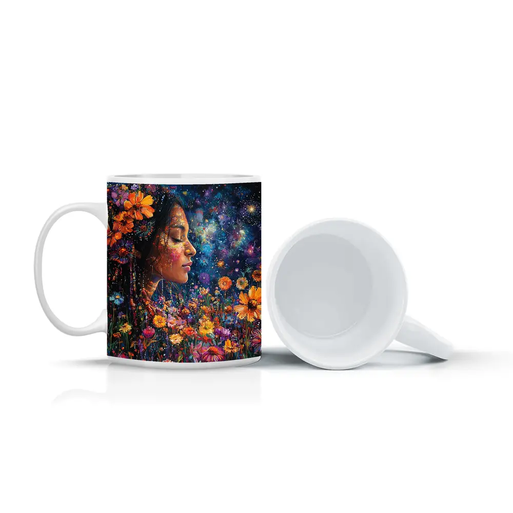 Woman Profile Wildflowers Cosmic Night Sky Art – Mugs