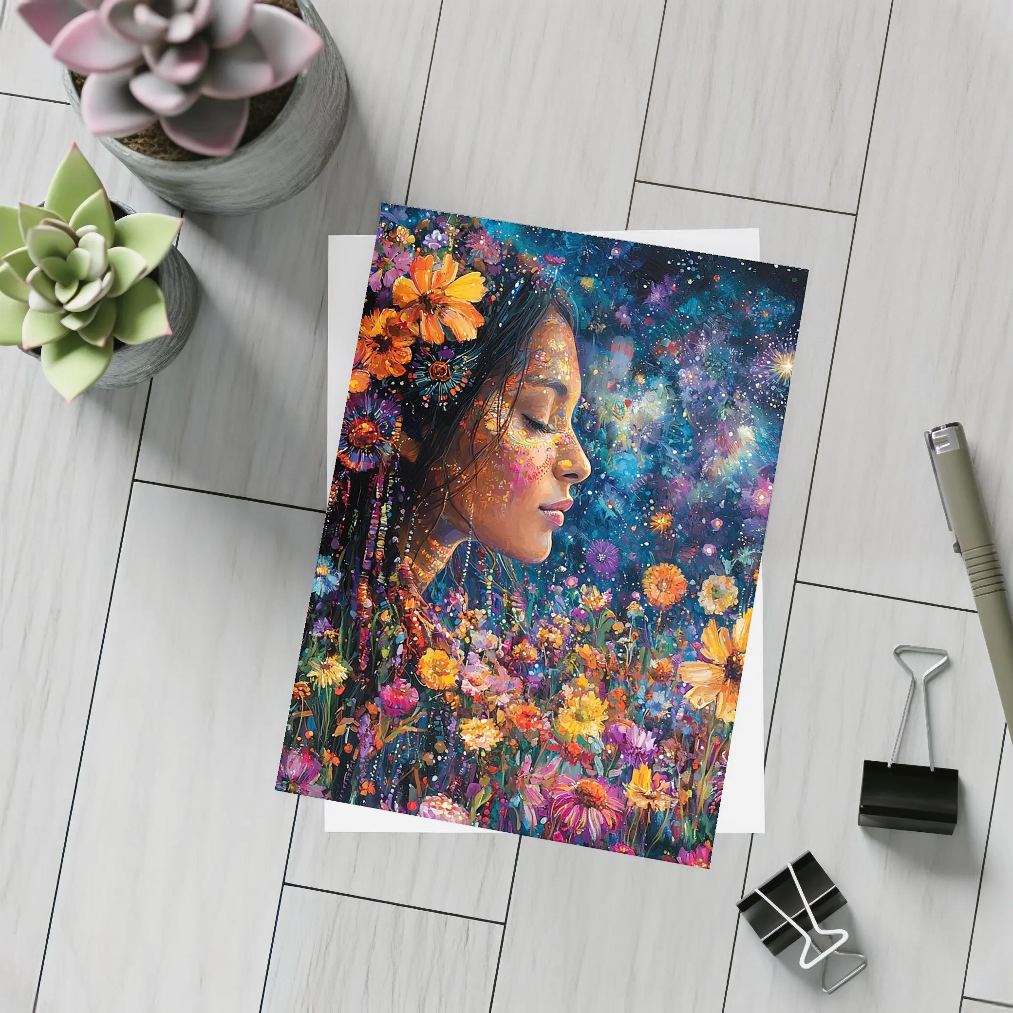 Woman Profile Wildflowers Cosmic Night Sky Art – Postcards