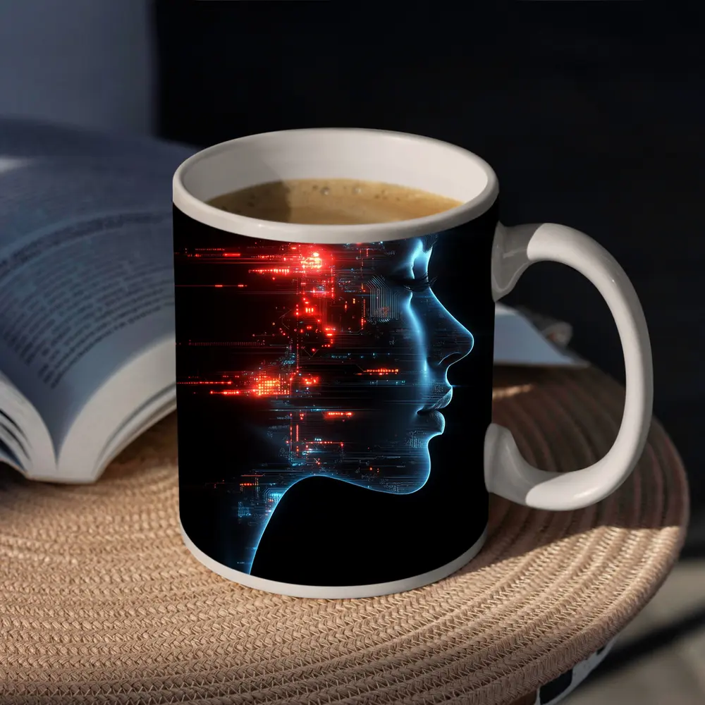 AI Woman Face Digital Circuit Technology Art – Mugs