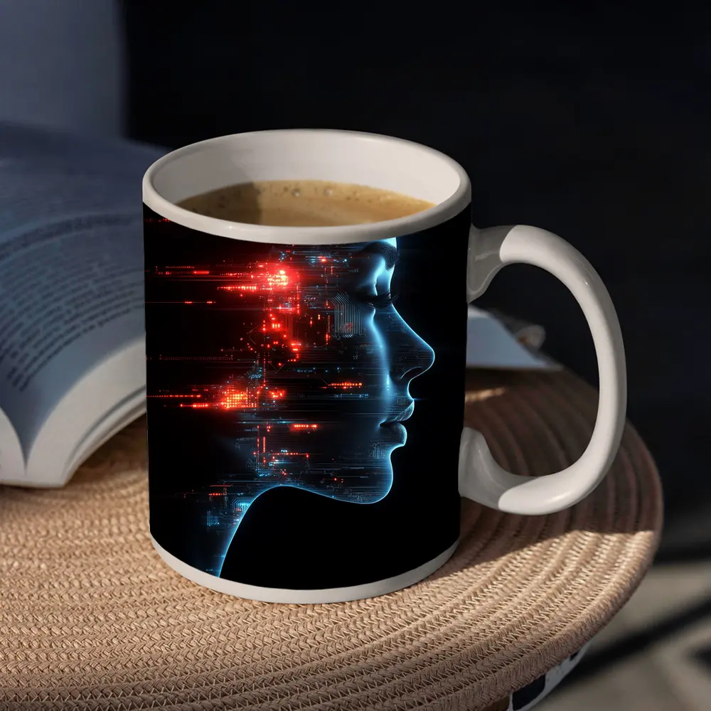 AI Woman Face Digital Circuit Technology Art – Mugs