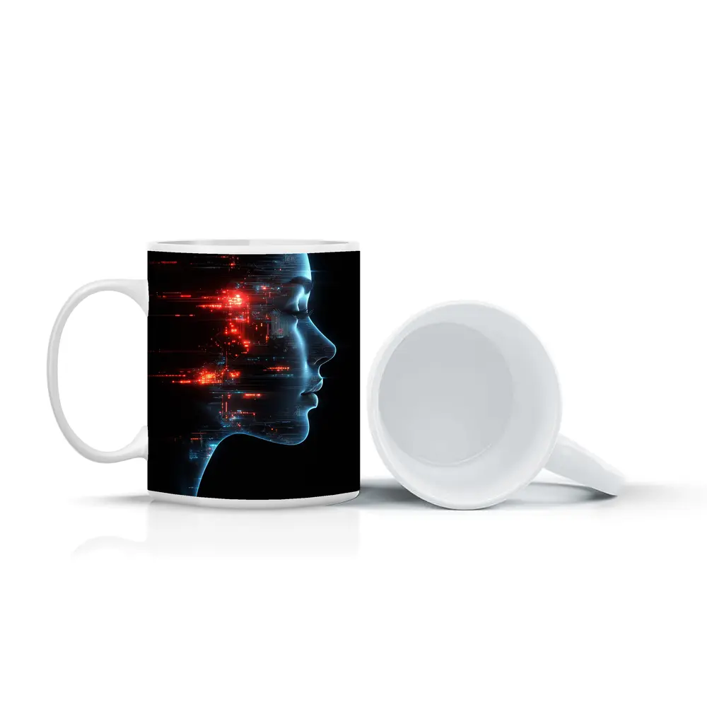 AI Woman Face Digital Circuit Technology Art – Mugs