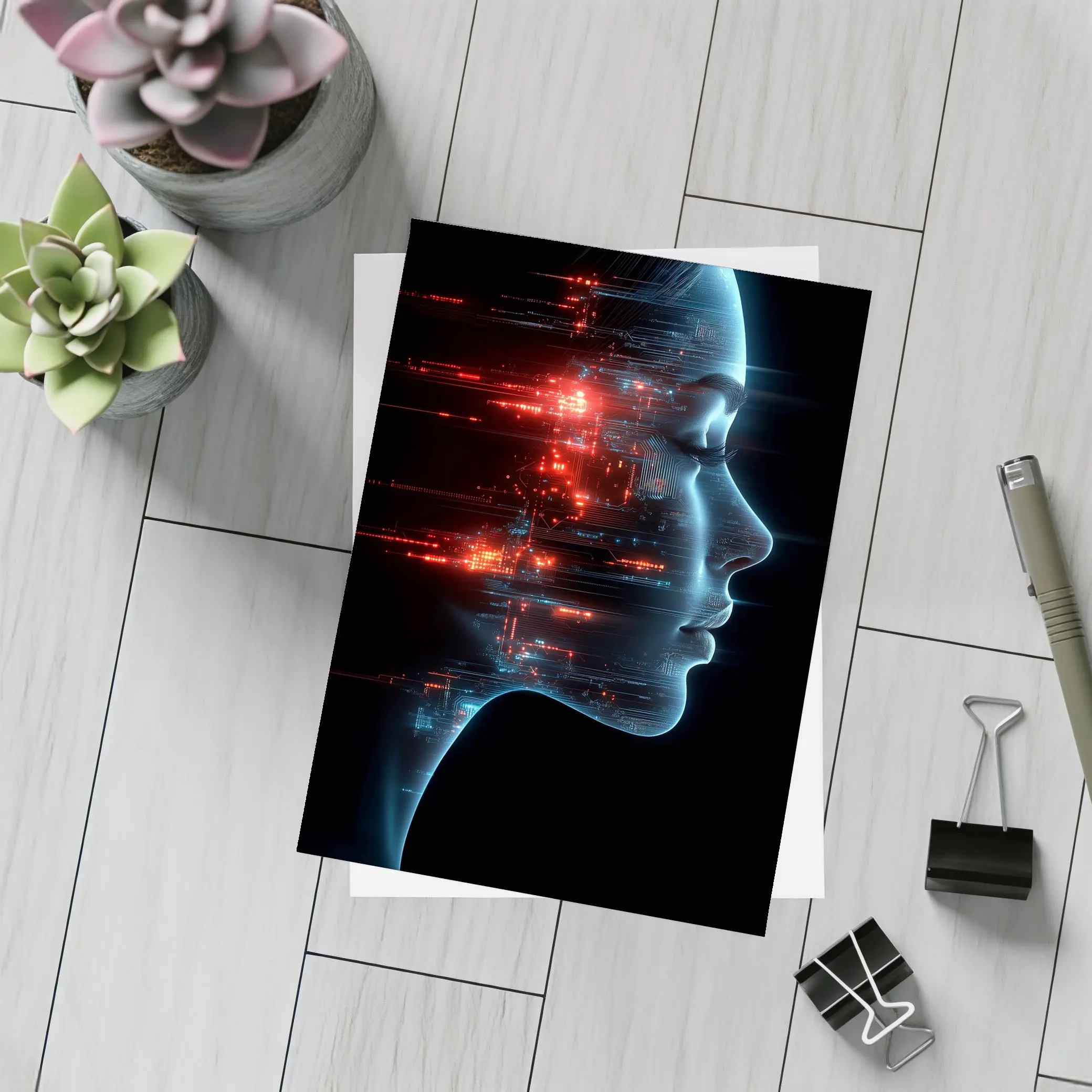 AI Woman Face Digital Circuit Technology Art – Postcards