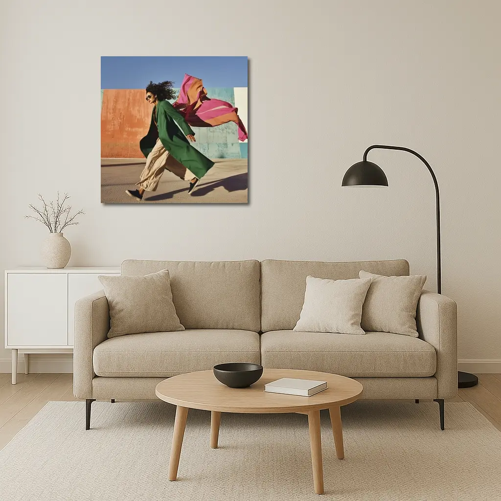 Woman Green Coat Walking Colorful Urban Wall – Wall Art