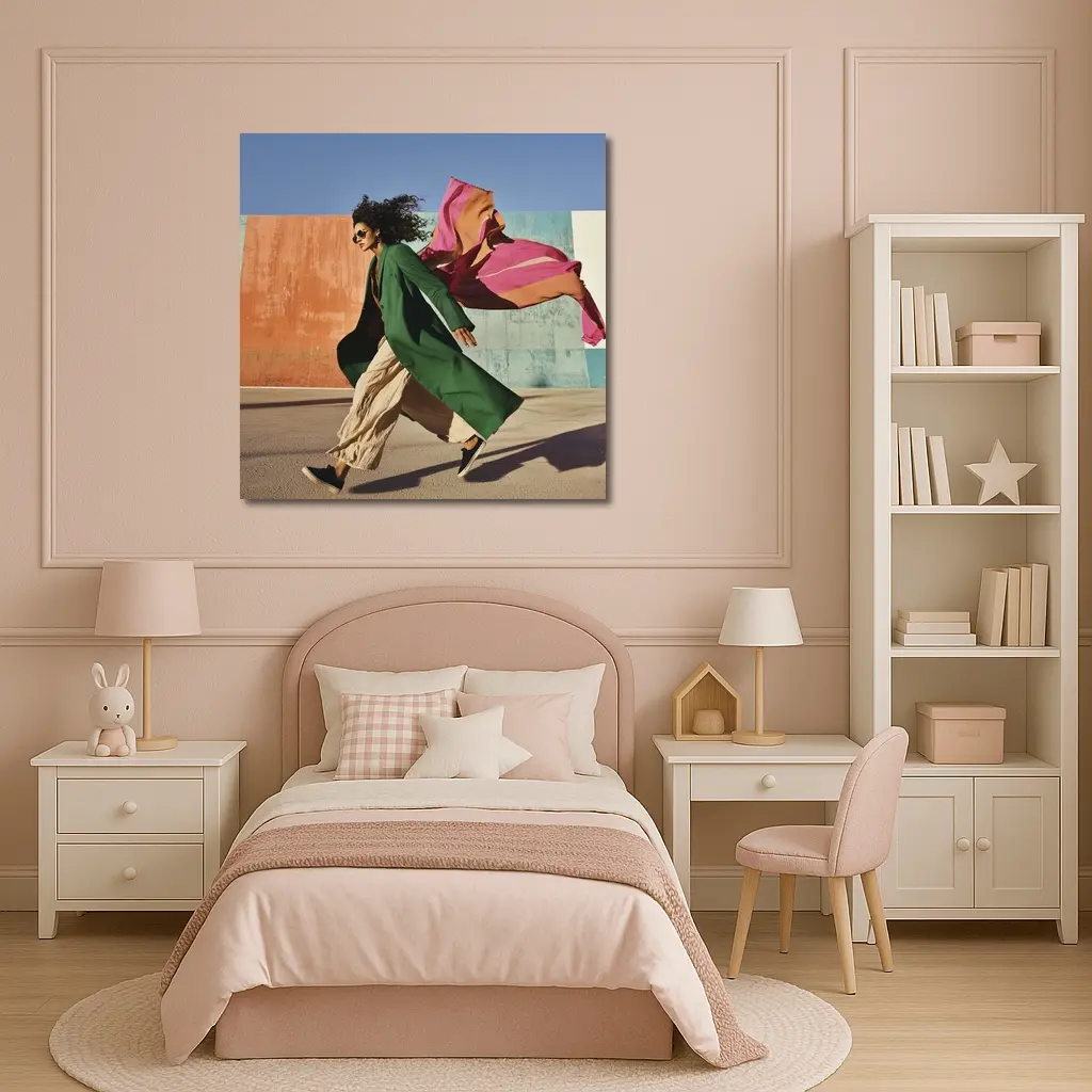 Woman Green Coat Walking Colorful Urban Wall – Wall Art