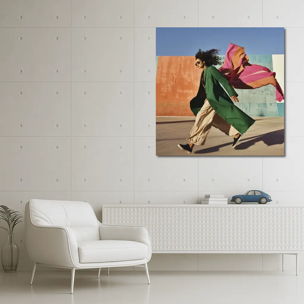 Woman Green Coat Walking Colorful Urban Wall – Wall Art