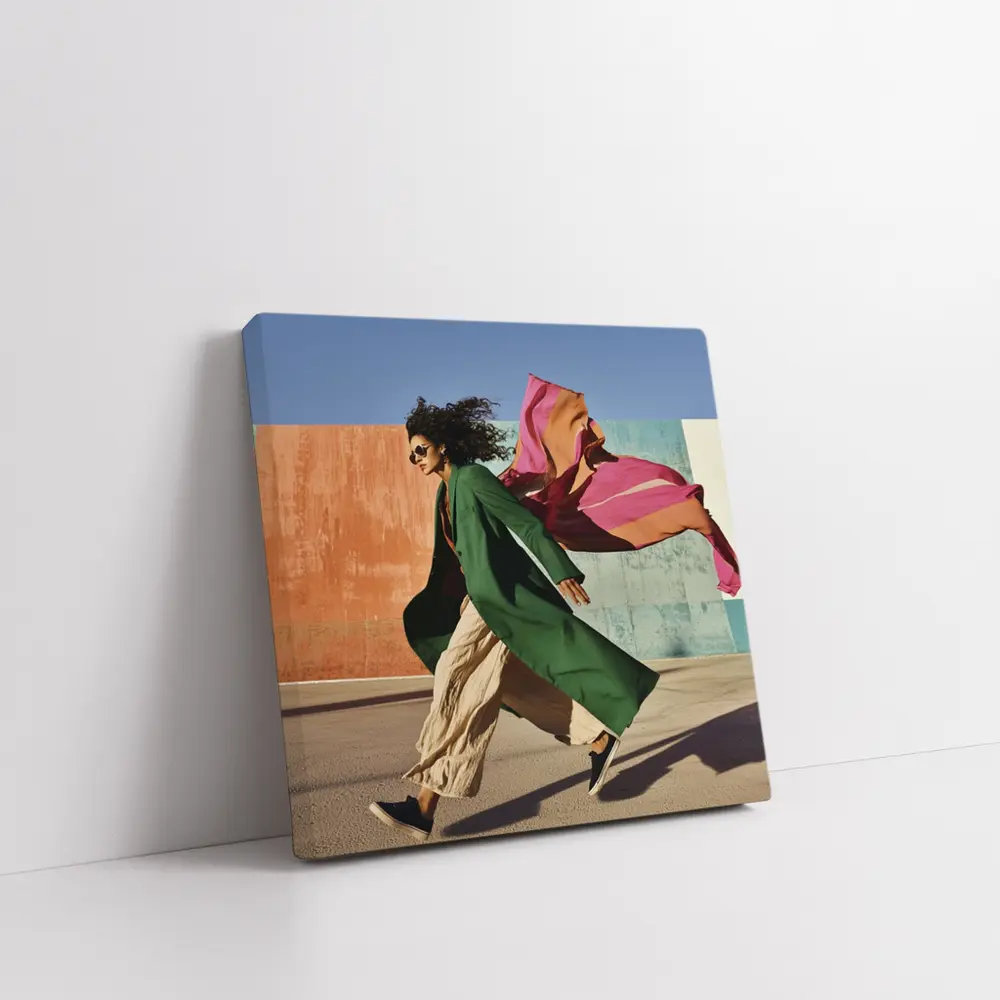 Woman Green Coat Walking Colorful Urban Wall – Wall Art