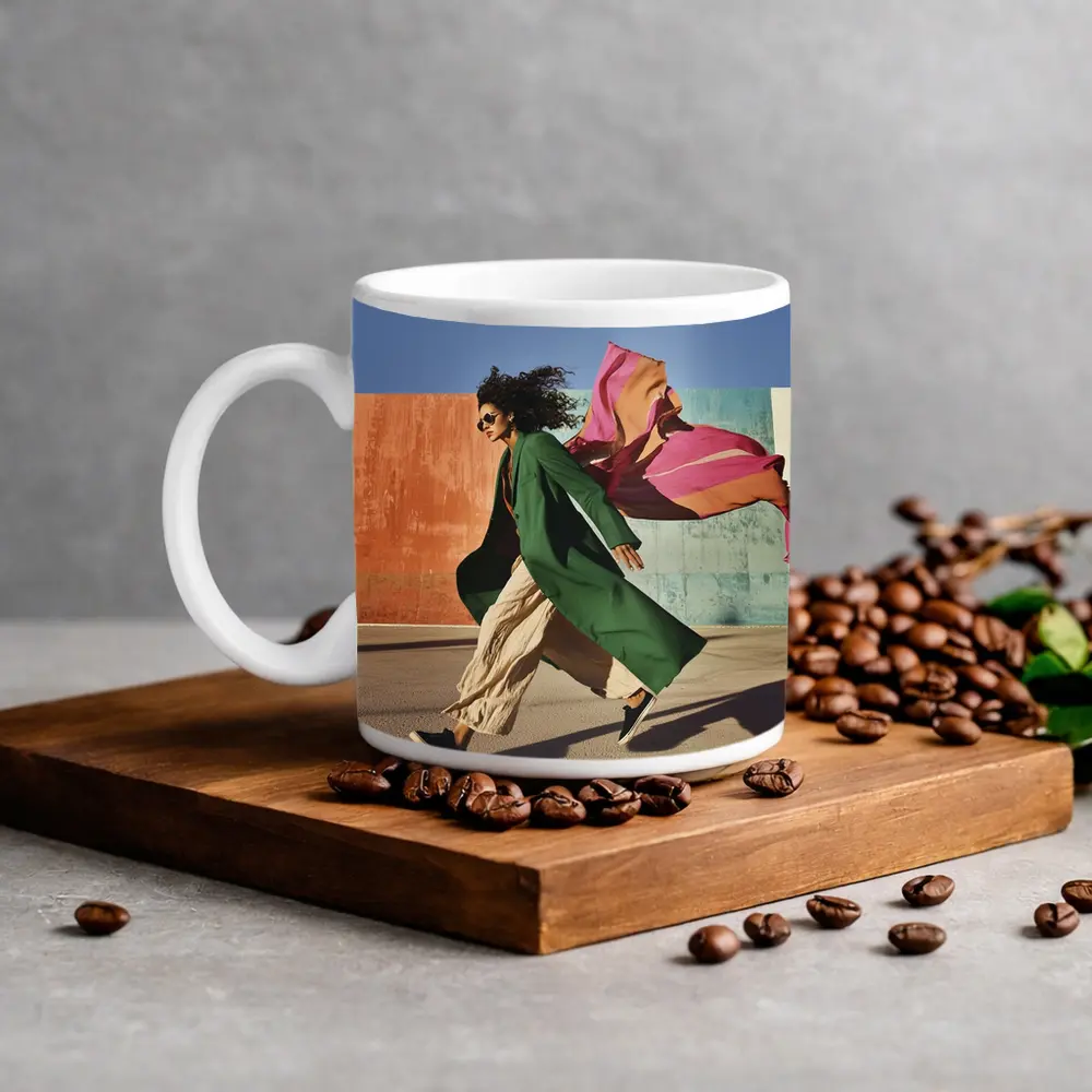 Woman Green Coat Walking Colorful Urban Wall – Mugs