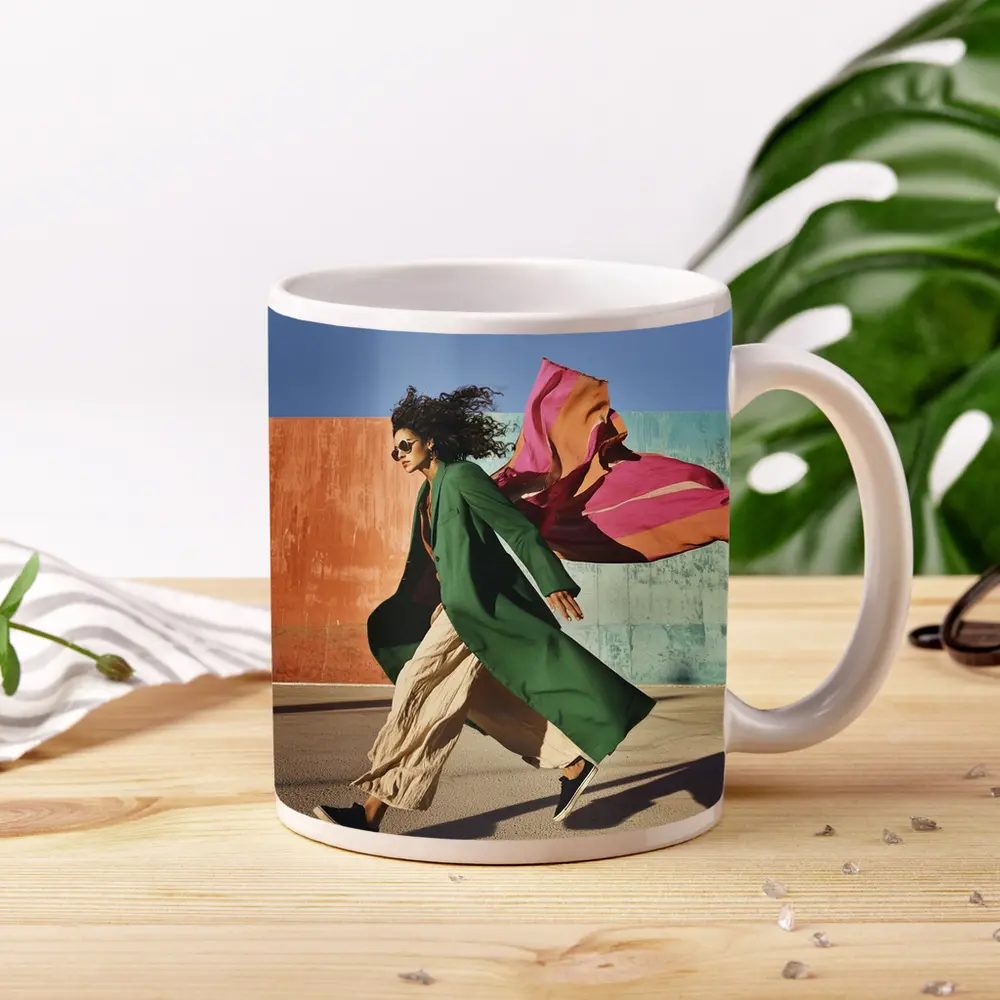 Woman Green Coat Walking Colorful Urban Wall – Mugs