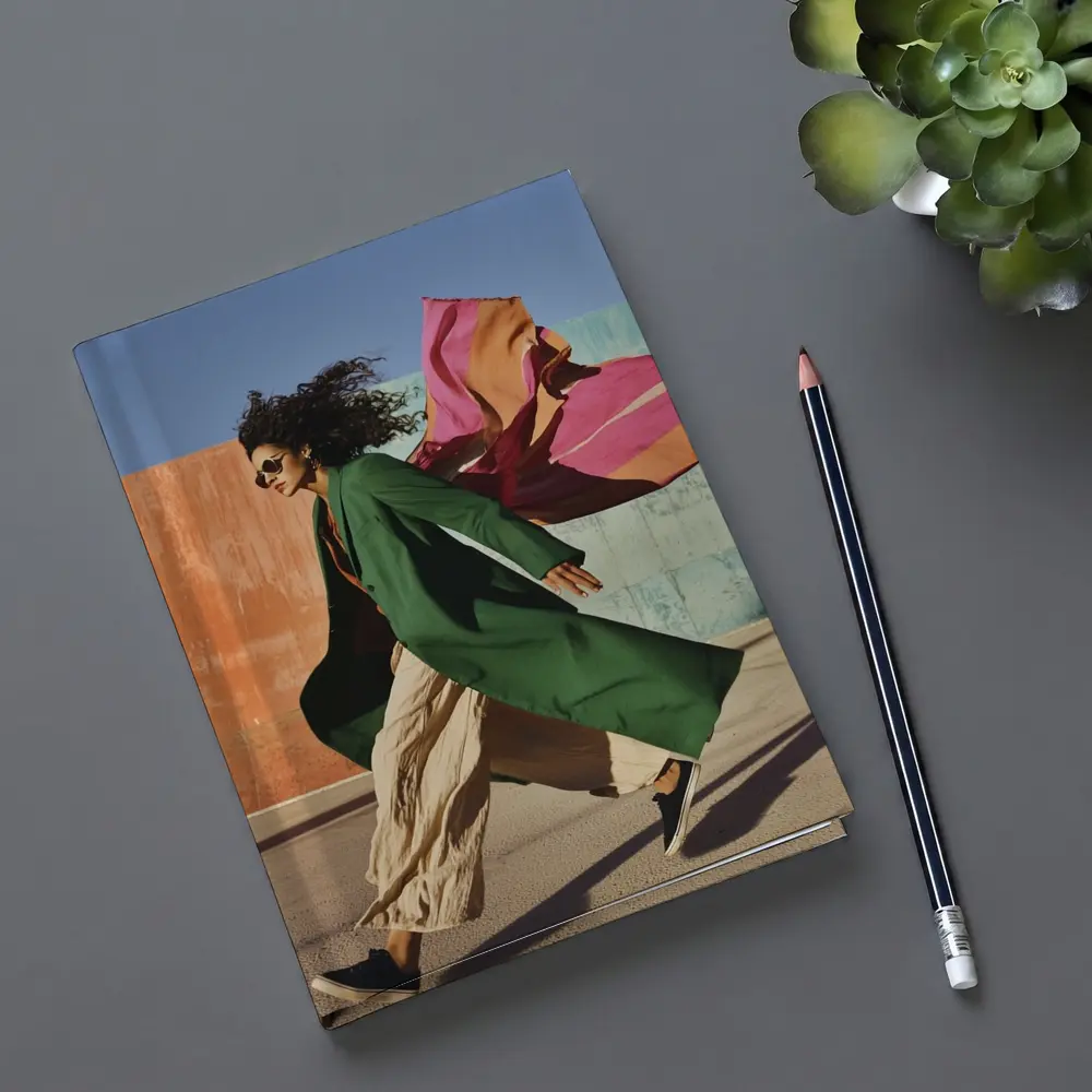 Woman Green Coat Walking Colorful Urban Wall – Notebooks