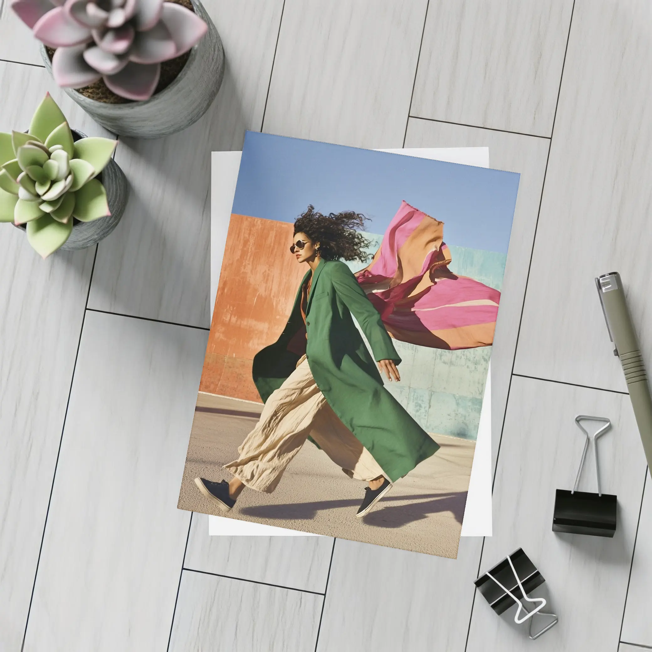 Woman Green Coat Walking Colorful Urban Wall – Postcards