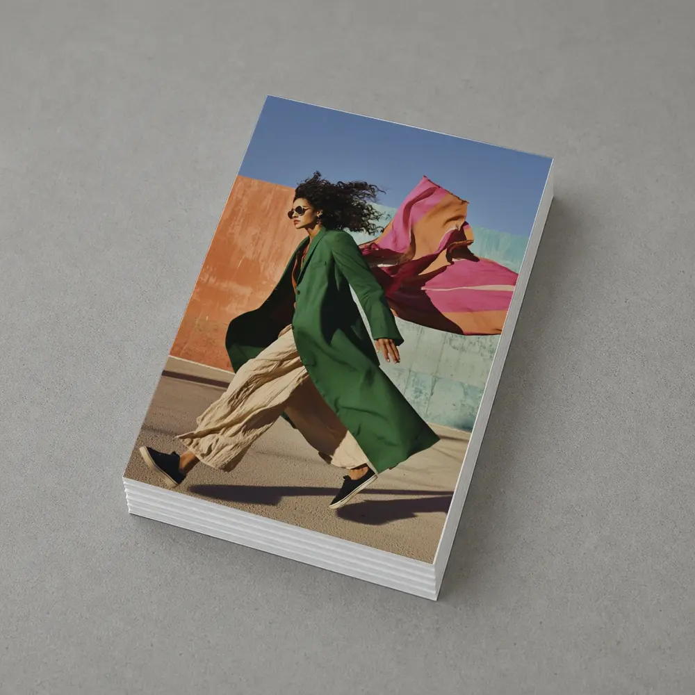 Woman Green Coat Walking Colorful Urban Wall – Postcards