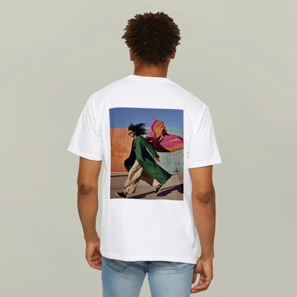 Woman Green Coat Walking Colorful Urban Wall – T-Shirts