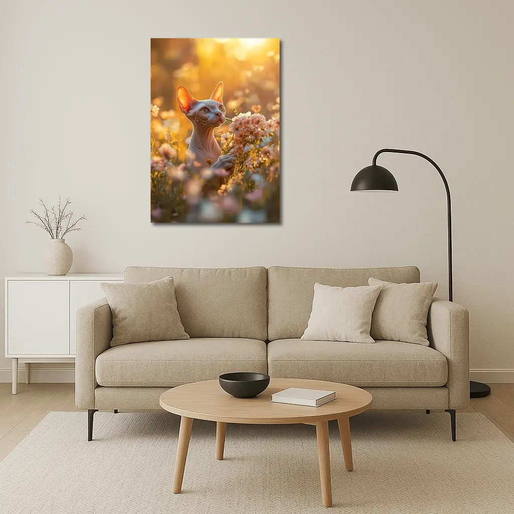 Sphynx Cat Among Pink Wildflowers Golden Hour – Wall Art