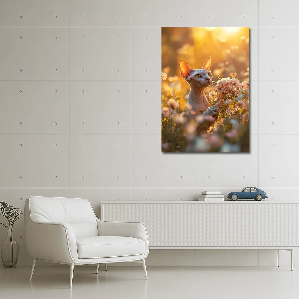 Sphynx Cat Among Pink Wildflowers Golden Hour – Wall Art