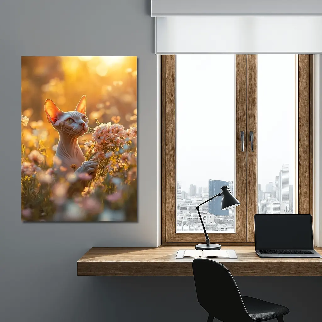 Sphynx Cat Among Pink Wildflowers Golden Hour – Wall Art