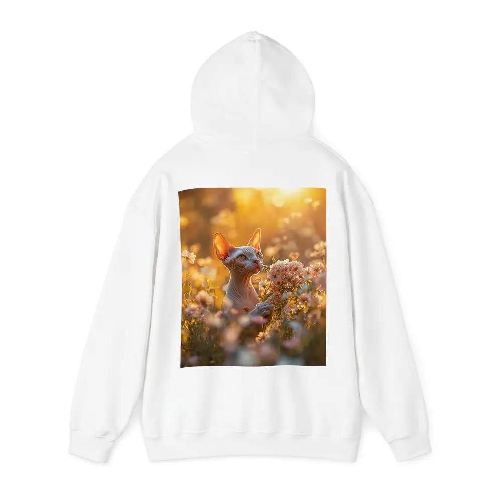 Sphynx Cat Among Pink Wildflowers Golden Hour – Hoodies