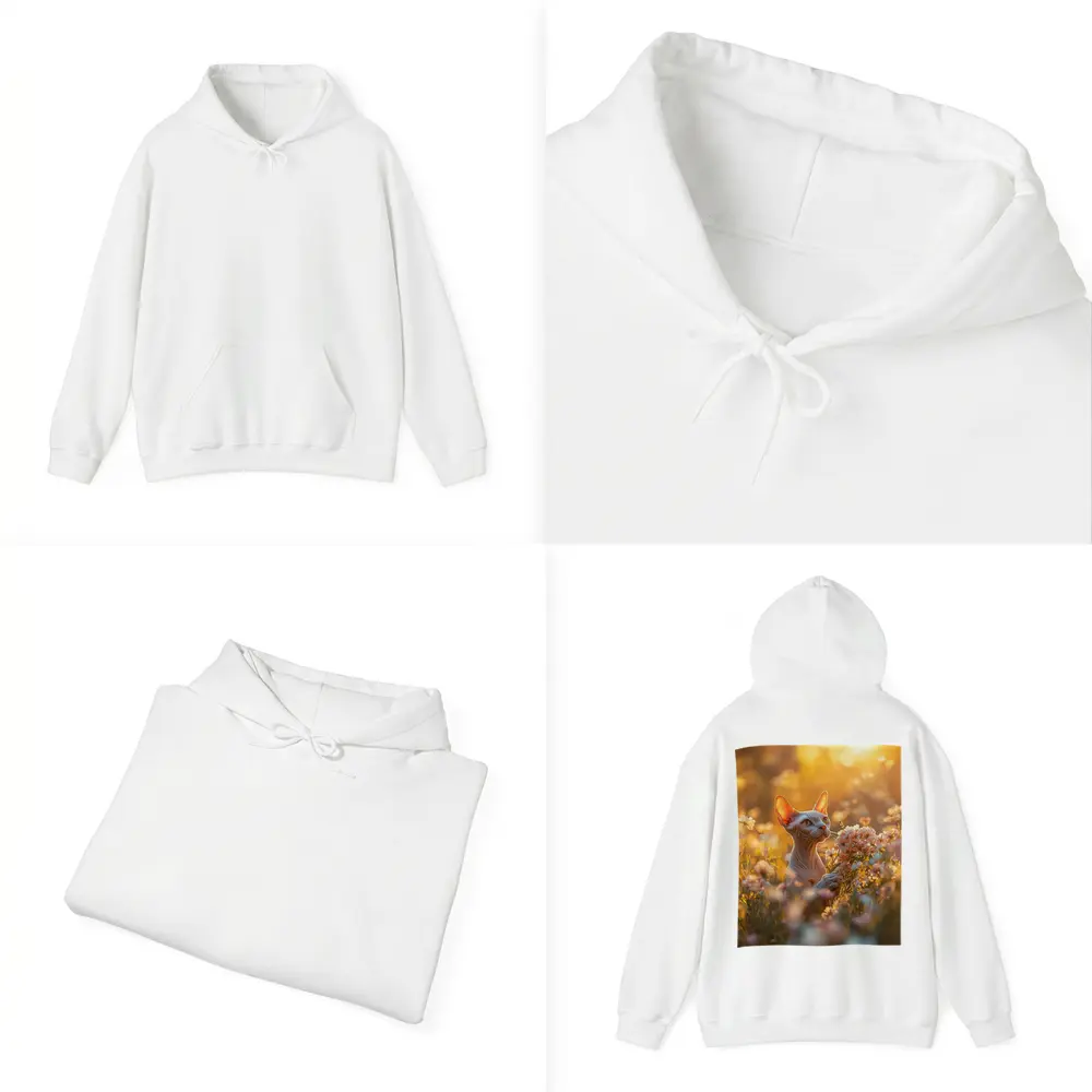 Sphynx Cat Among Pink Wildflowers Golden Hour – Hoodies