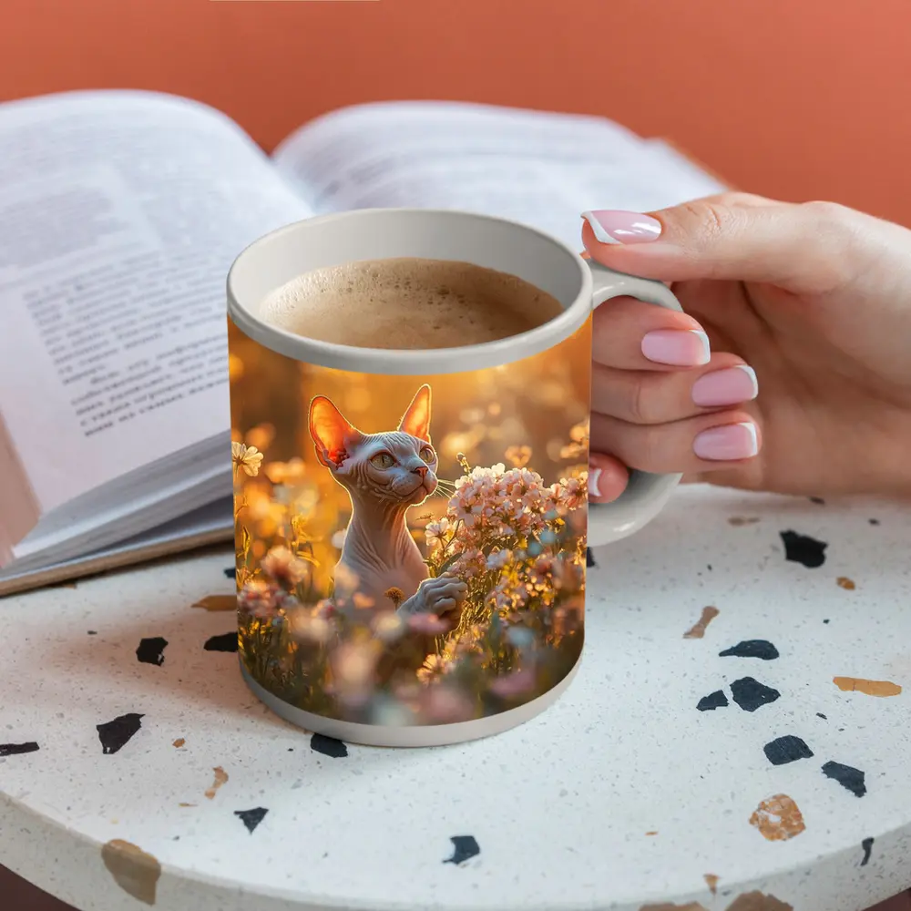Sphynx Cat Among Pink Wildflowers Golden Hour – Mugs
