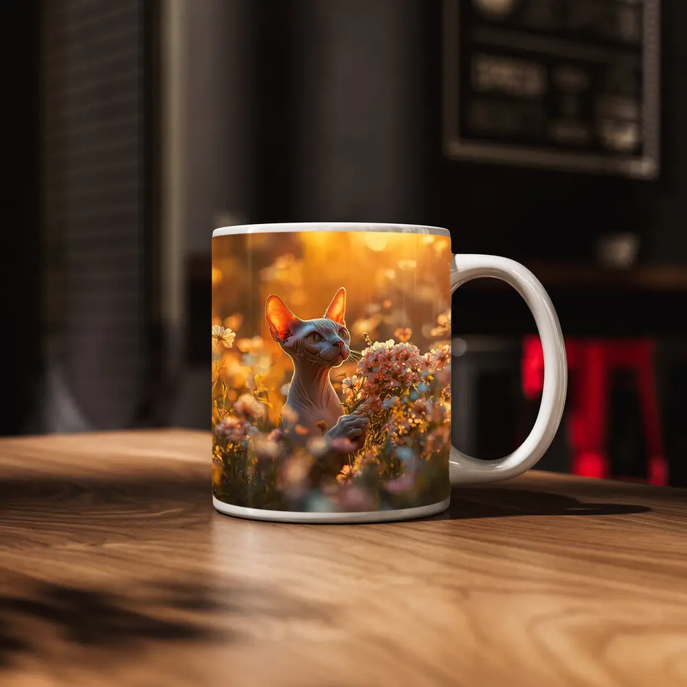Sphynx Cat Among Pink Wildflowers Golden Hour – Mugs