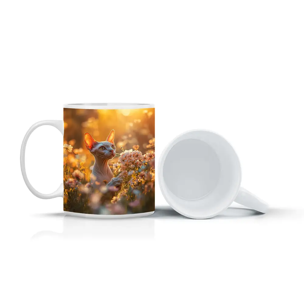 Sphynx Cat Among Pink Wildflowers Golden Hour – Mugs