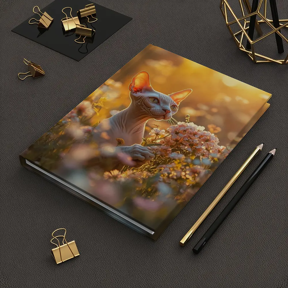 Sphynx Cat Among Pink Wildflowers Golden Hour – Notebooks