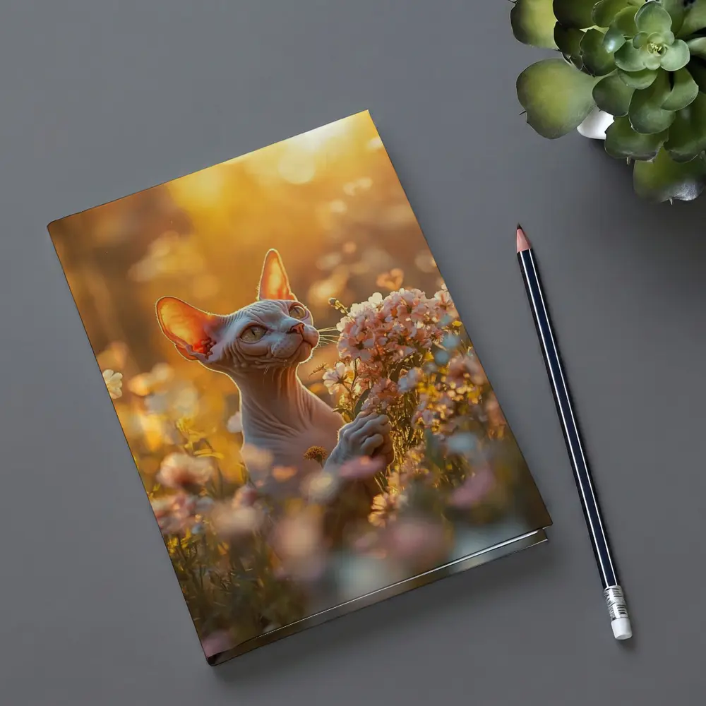 Sphynx Cat Among Pink Wildflowers Golden Hour – Notebooks